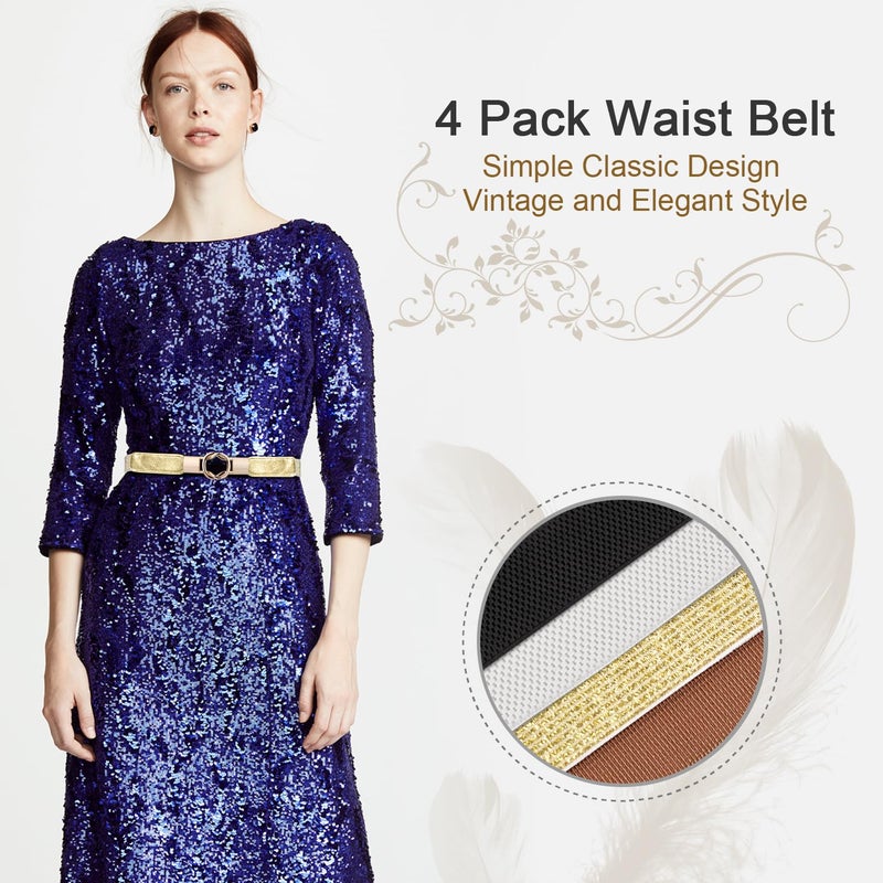 WERFORU Women Skinny Belt for Dresses Retro Stretch Waist Belt with Gold Buckle Set of 4,Black+Brown+White+Gold - Image 3